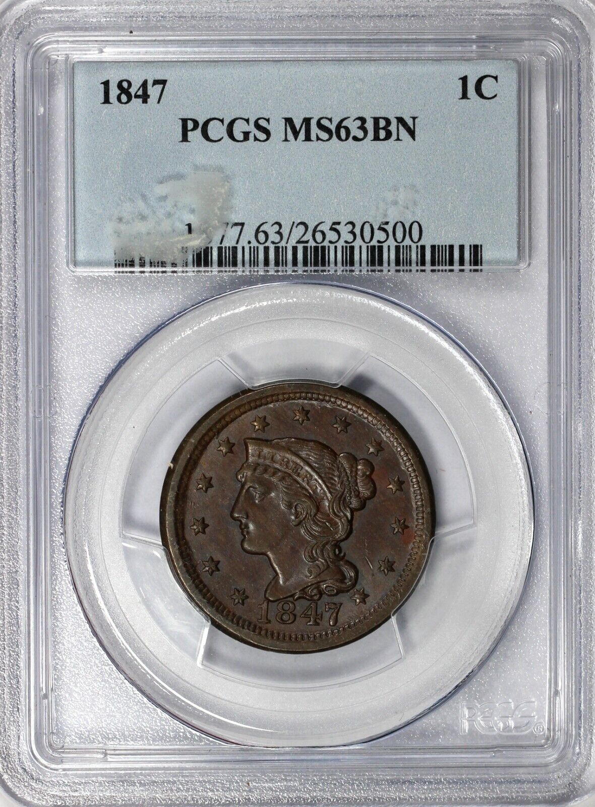 1847 1c Braided Hair Large Cent PCGS MS 63 BN