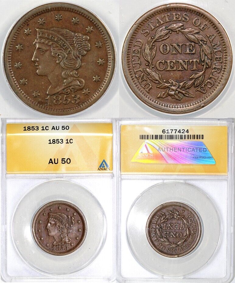 1853 1c Braided Hair Large Cent ANACS AU 50