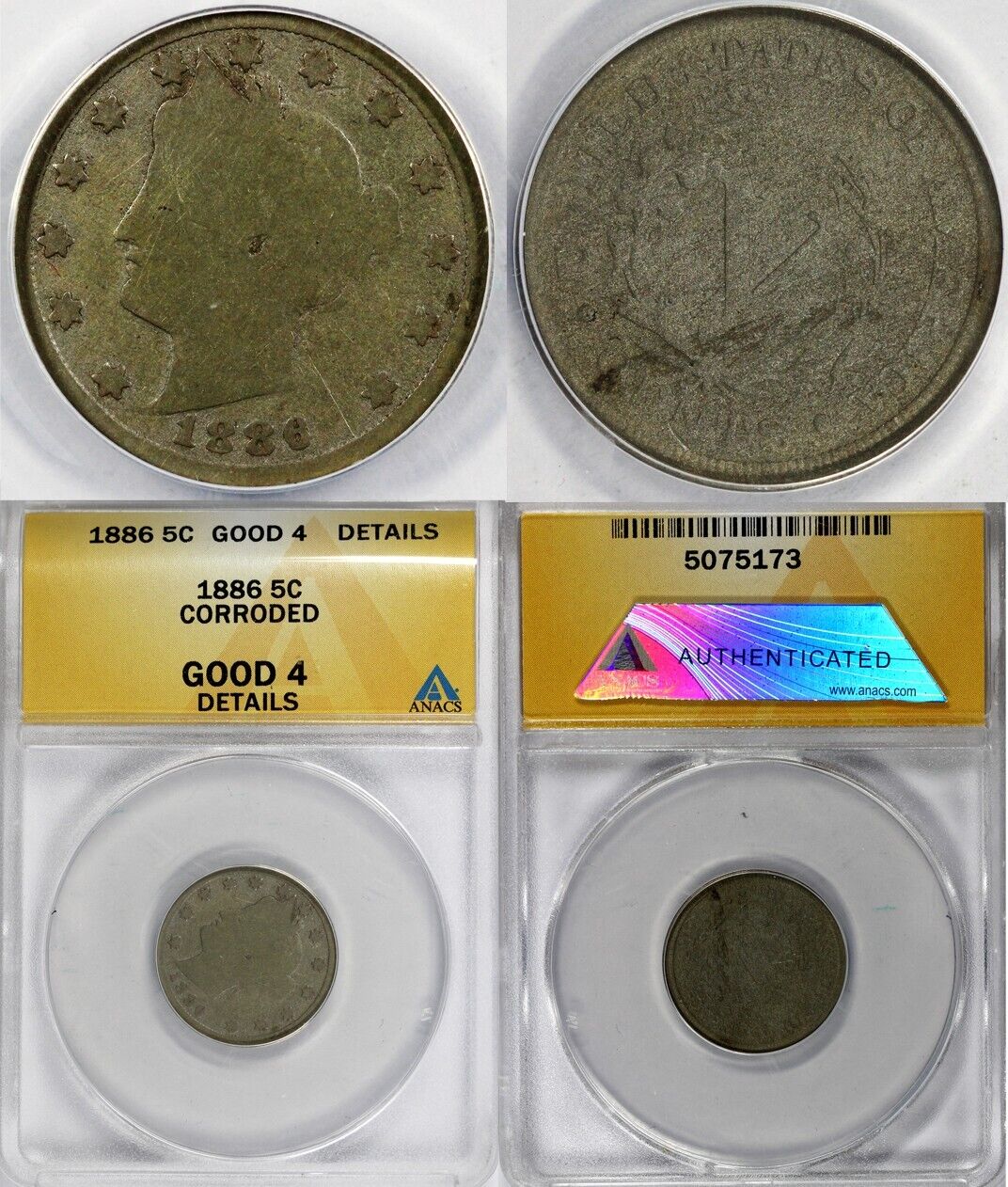 1886 5c Liberty Nickel ANACS GOOD 4 DETAILS CORRODED
