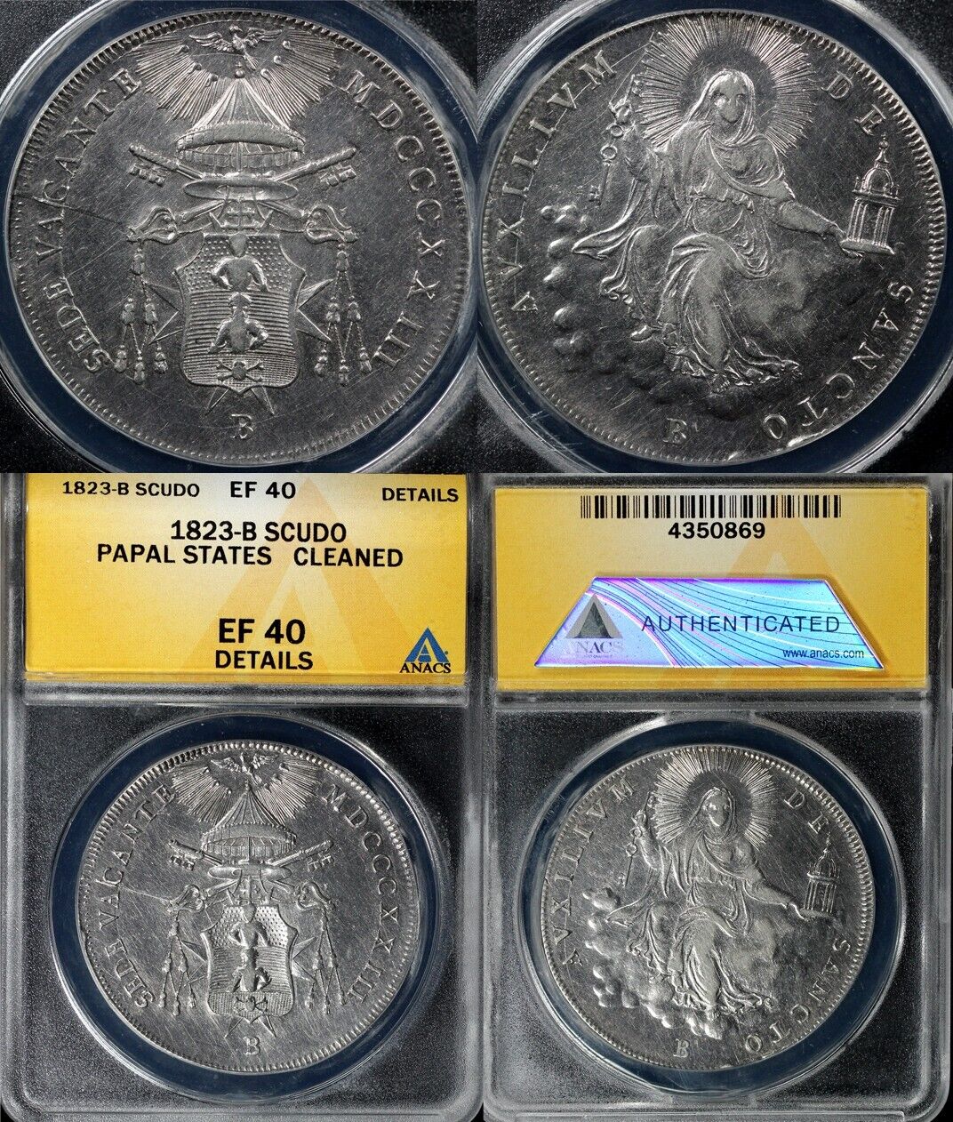 1823-B Papal States Scudo ANACS EF 40 DETAILS CLEANED