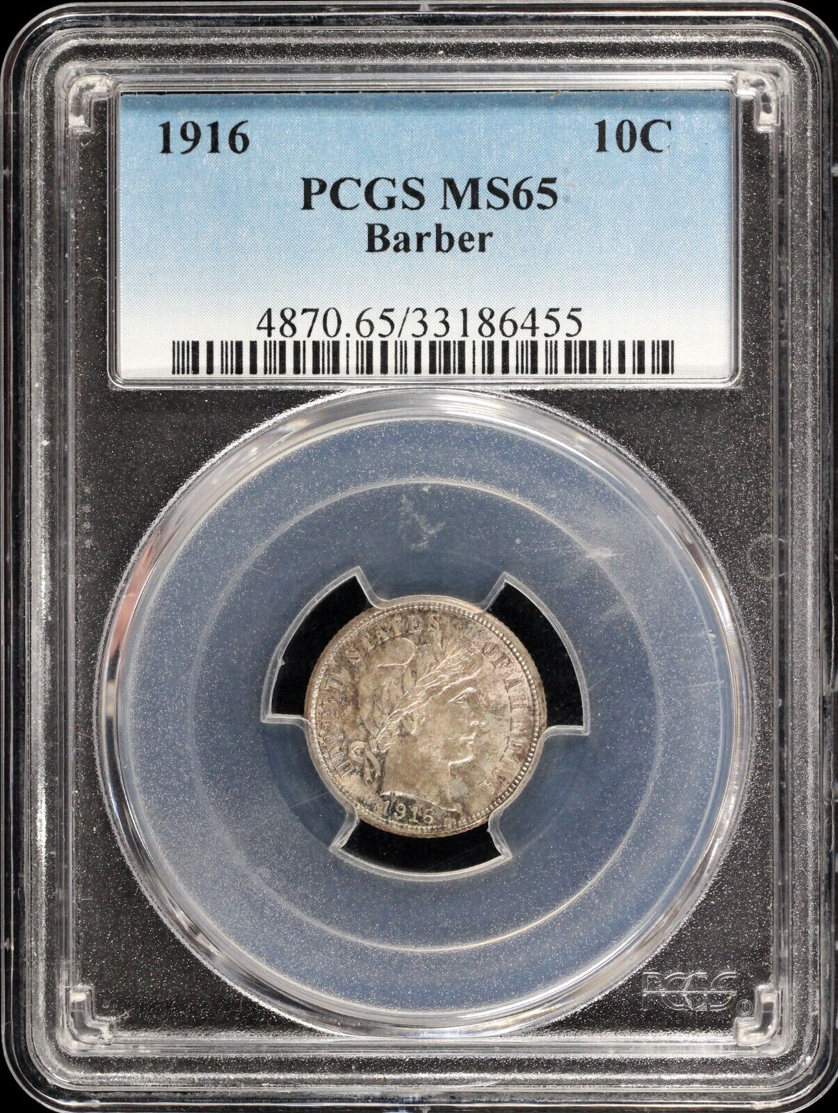 1916 10c Barber Dime PCGS MS 65