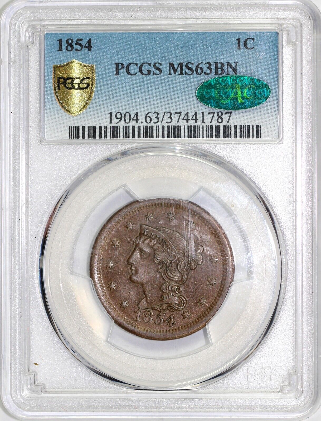 1854 1c N-7 Braided Hair Large Cent PCGS and CAC MS 63 BN