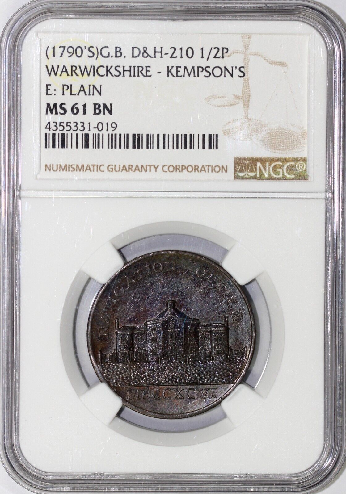 1790's 1/2p D&H-210 Warwickshire-Kempson's Conder Token NGC MS 61