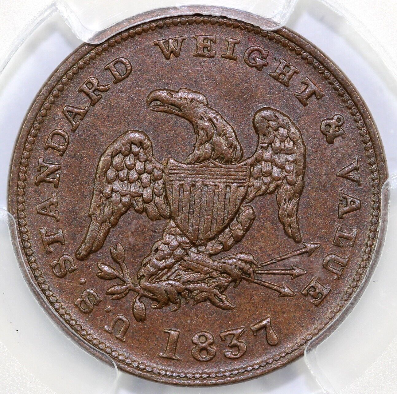 1837 HT-73 U.S. Standard Wt. Hard Times Token PCGS MS 64 EX; MCGuigan