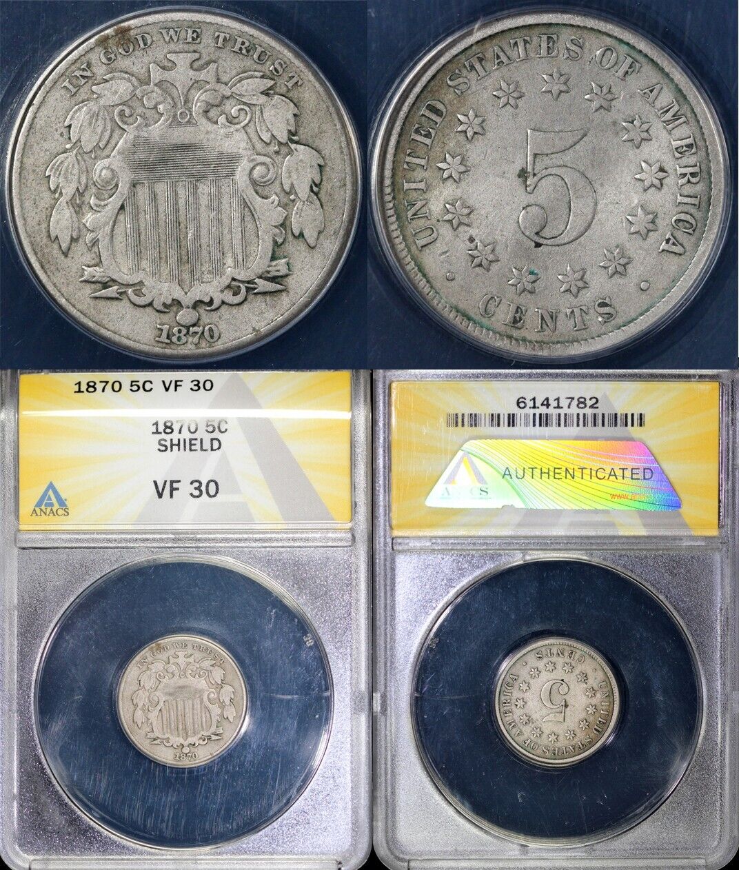 1870 5c Shield Nickel ANACS VF 30