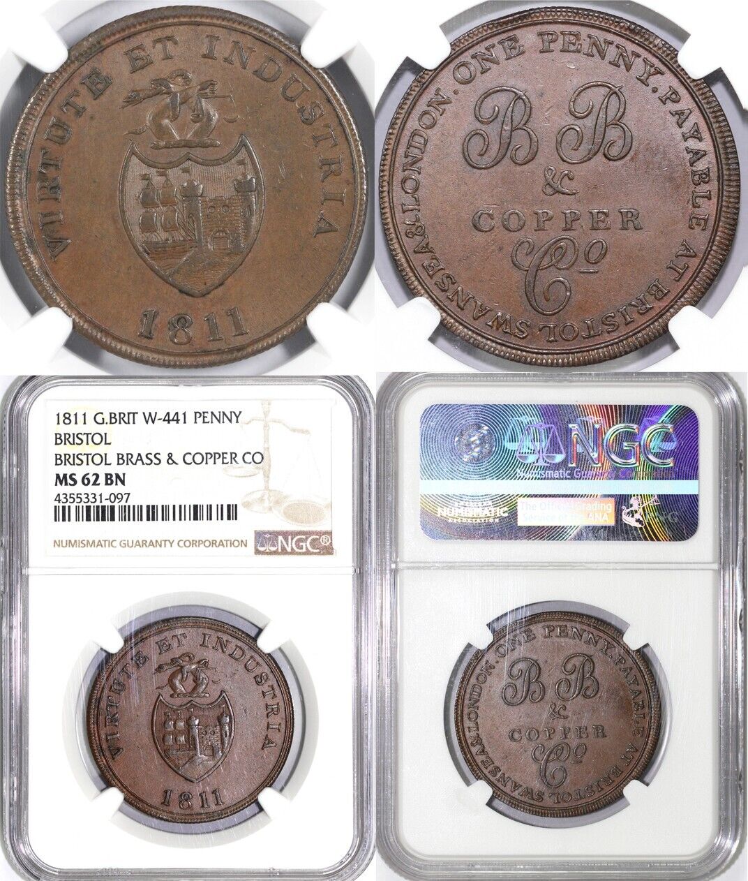 1811 1c Great Britain W-441 Bristol Brass and Copper Co Penny NGC MS 62