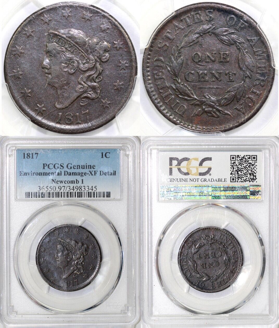 1817 1c N-1 Matron Head Large Cent PCGS XF DETAIL ENVIRONMENTAL DAMAGE