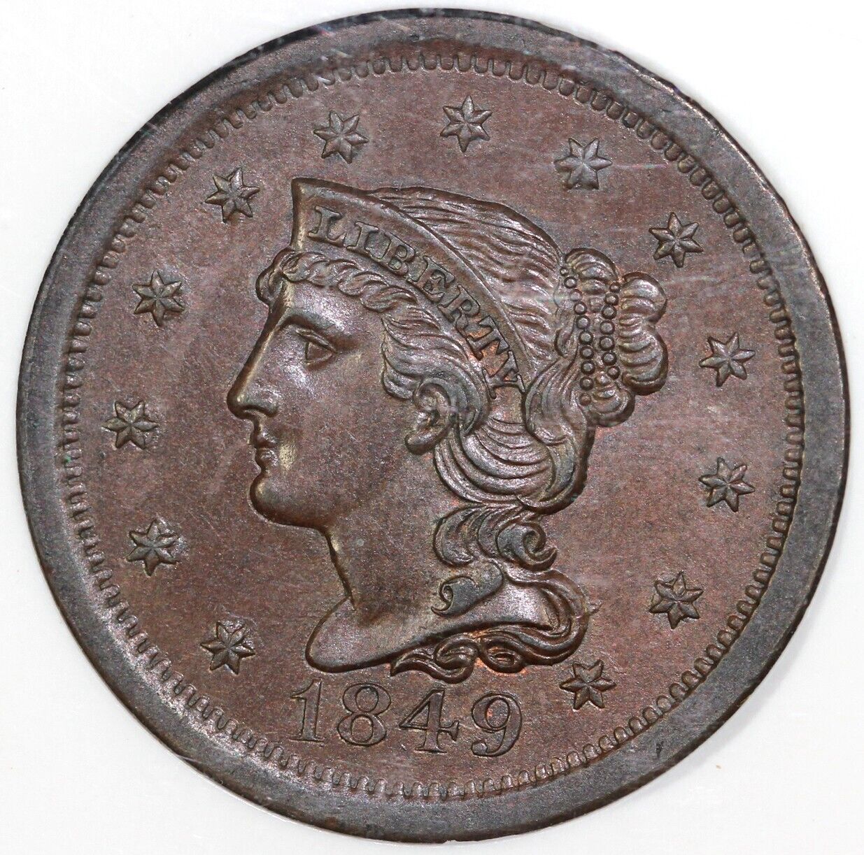 1849 1c N-7 Braided Hair Large Cent NGC MS 64 BN EX; Jules Reiver