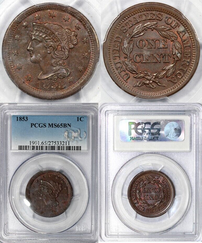 1853 1c Braided Hair Large Cent PCGS MS 65 BN
