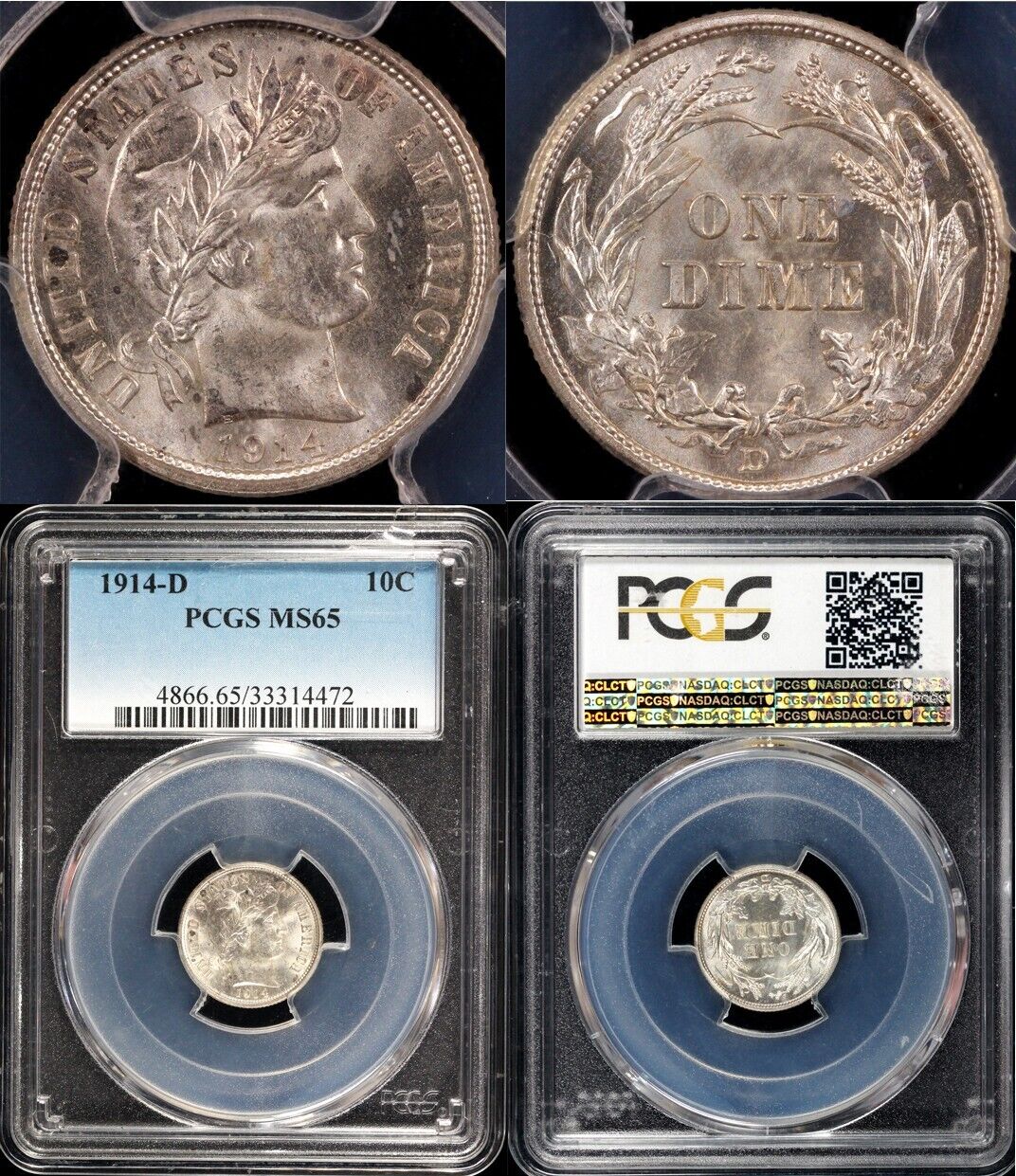 1914-D 10c Barber Dime PCGS MS 65