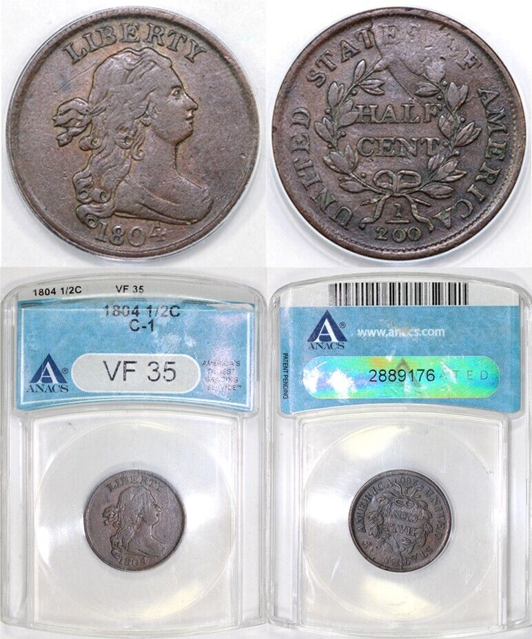 1804 1/2c C-1 Crosslet 4 with Stems Draped Bust Half Cent ANACS VF 35