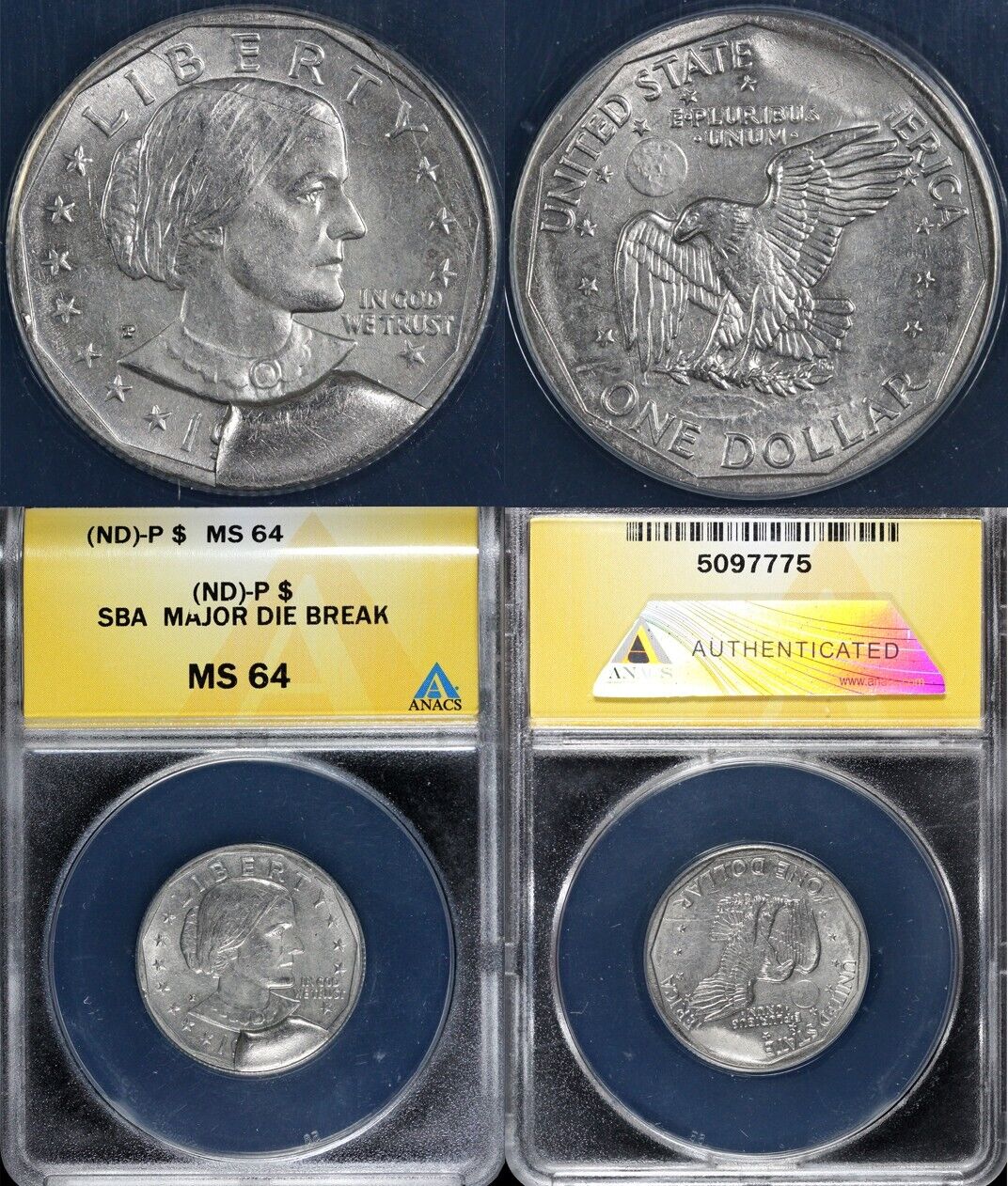 No Date Susan B. Anthony Dollar MAJOR DIE BREAK ANACS MS 64