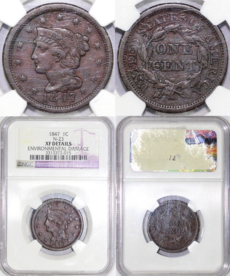 1847 1c N-23 Braided Hair Large Cent NGC XF Details Env Damage