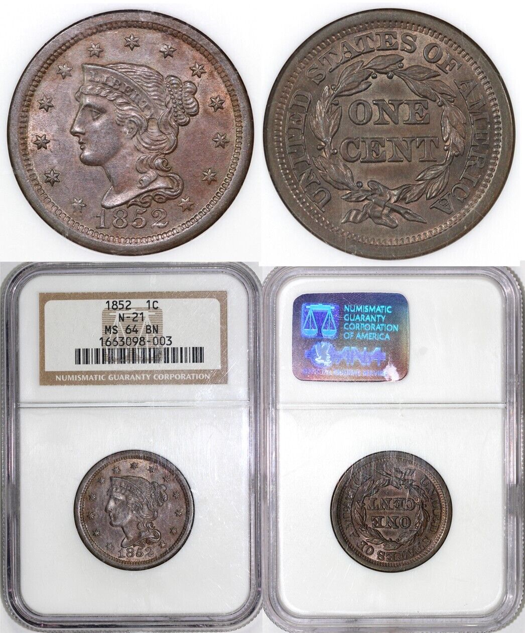 1852 1c N-21 Braided Hair Large Cent NGC MS 64 BN *EDS, CC Level*