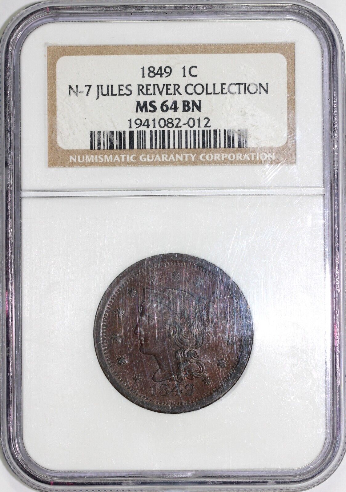 1849 1c N-7 Braided Hair Large Cent NGC MS 64 BN EX; Jules Reiver