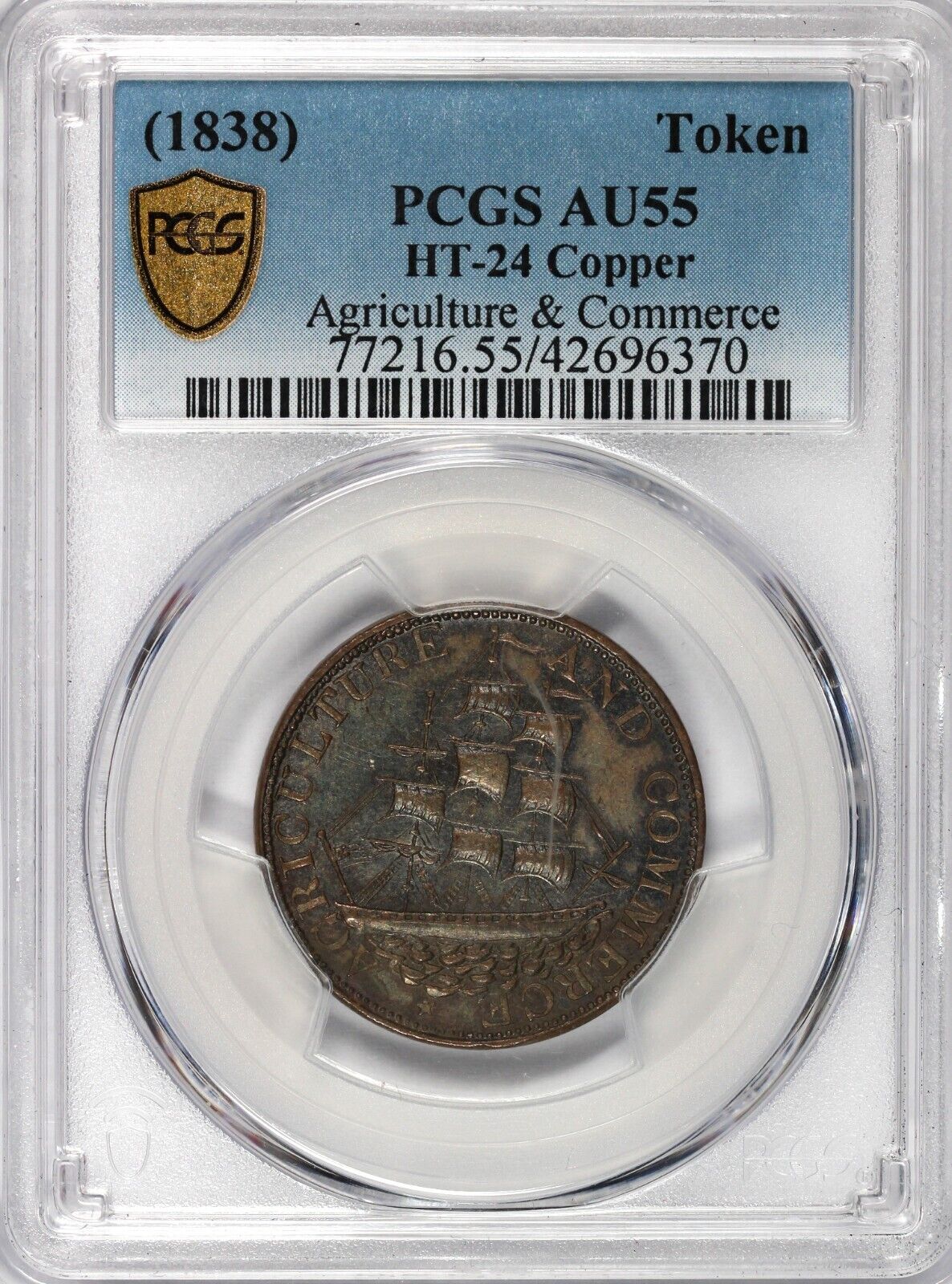 1838 HT-24 Agriculture & Commerce Hard Times Token PCGS AU 55