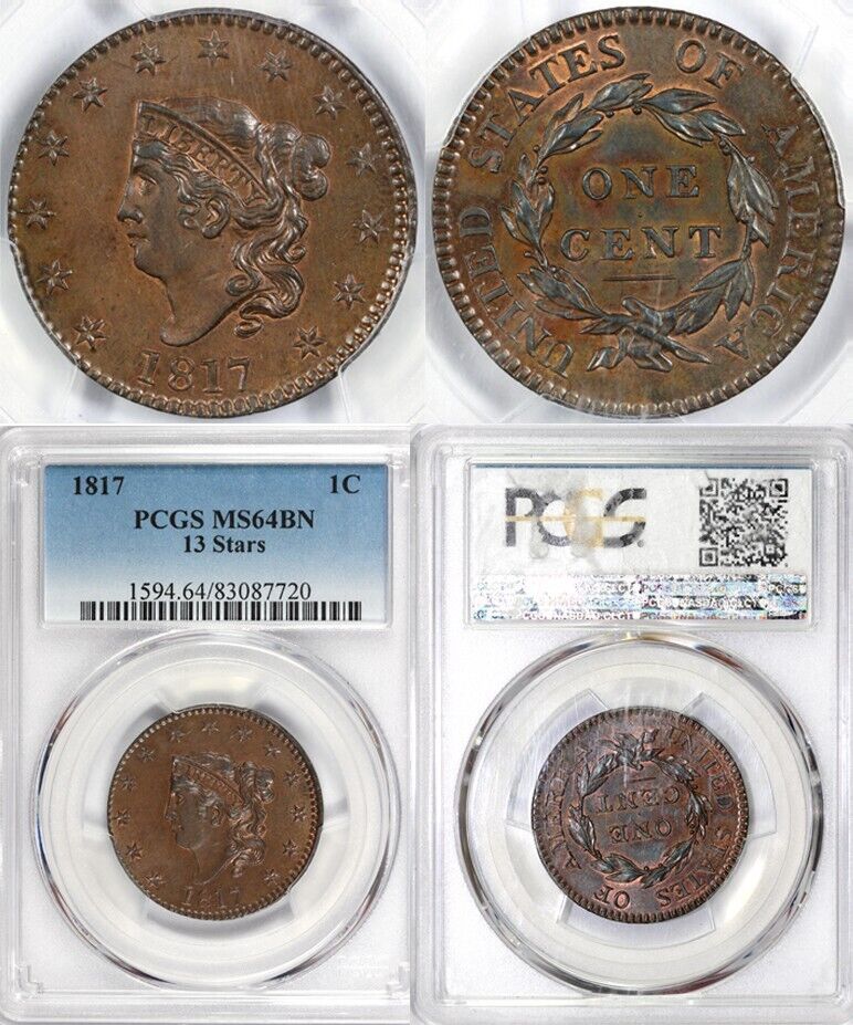 1817 1c 13 Stars Coronet or Matron Head Large Cent PCGS MS 64 BN