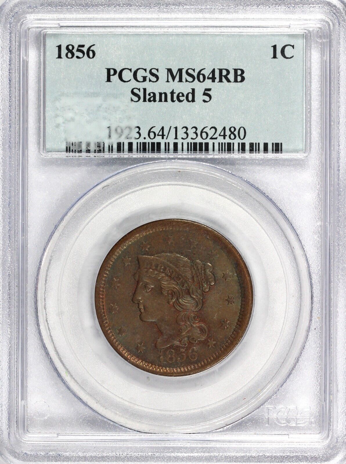 1856 1c Slanted 5 Braided Hair Large Cent PCGS MS 64 RB
