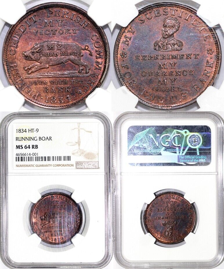 1834 HT-9 Running Boar Hard Times Token NGC MS 64 RB