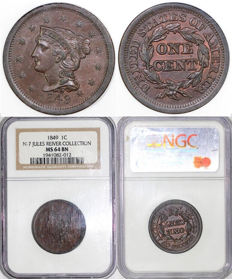 1849 1c N-7 Braided Hair Large Cent NGC MS 64 BN EX; Jules Reiver
