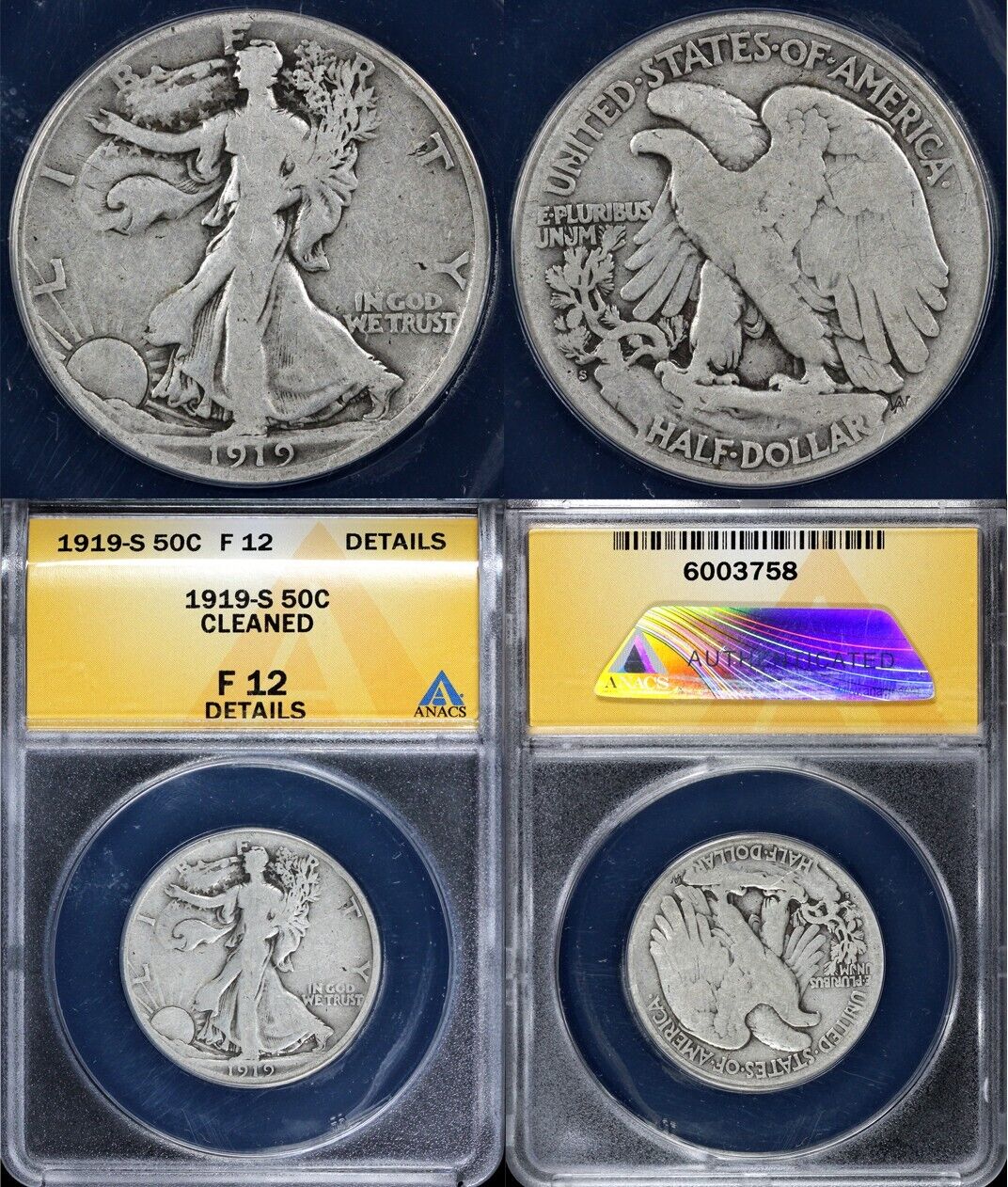 1919-S 50c Walking Liberty Half Dollar ANACS F 12 DETAILS CLEANED