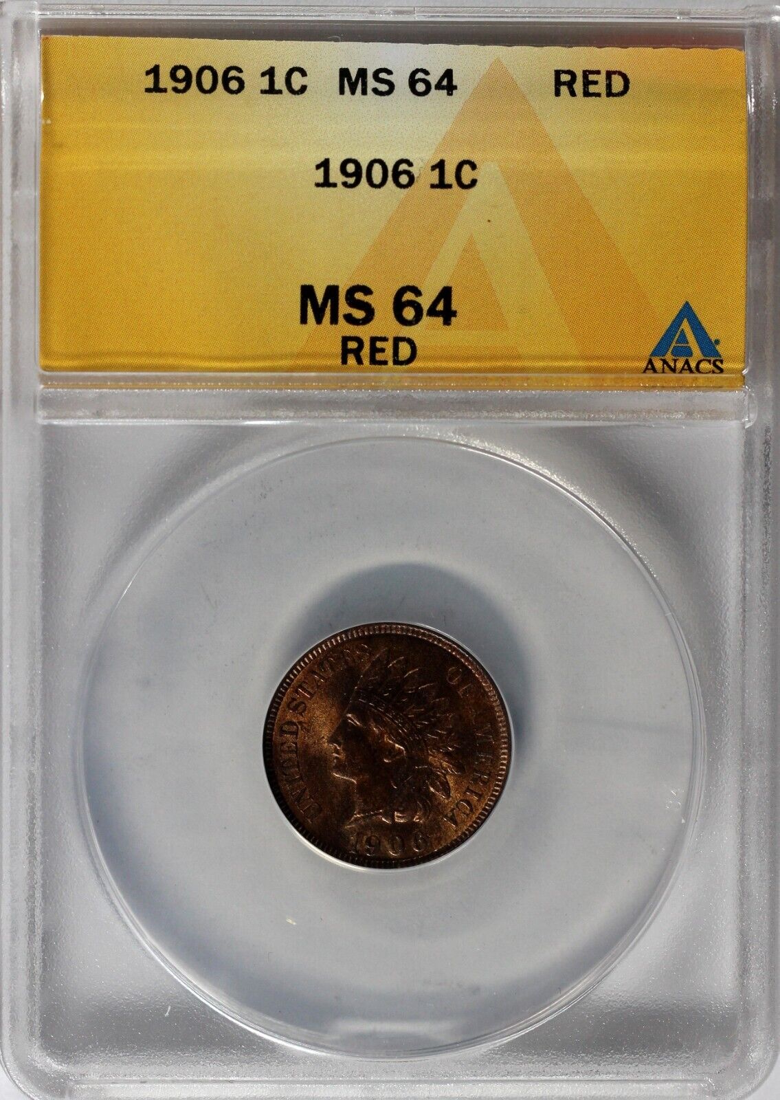 1906 1c Indian Head Cent ANACS MS 64 RED
