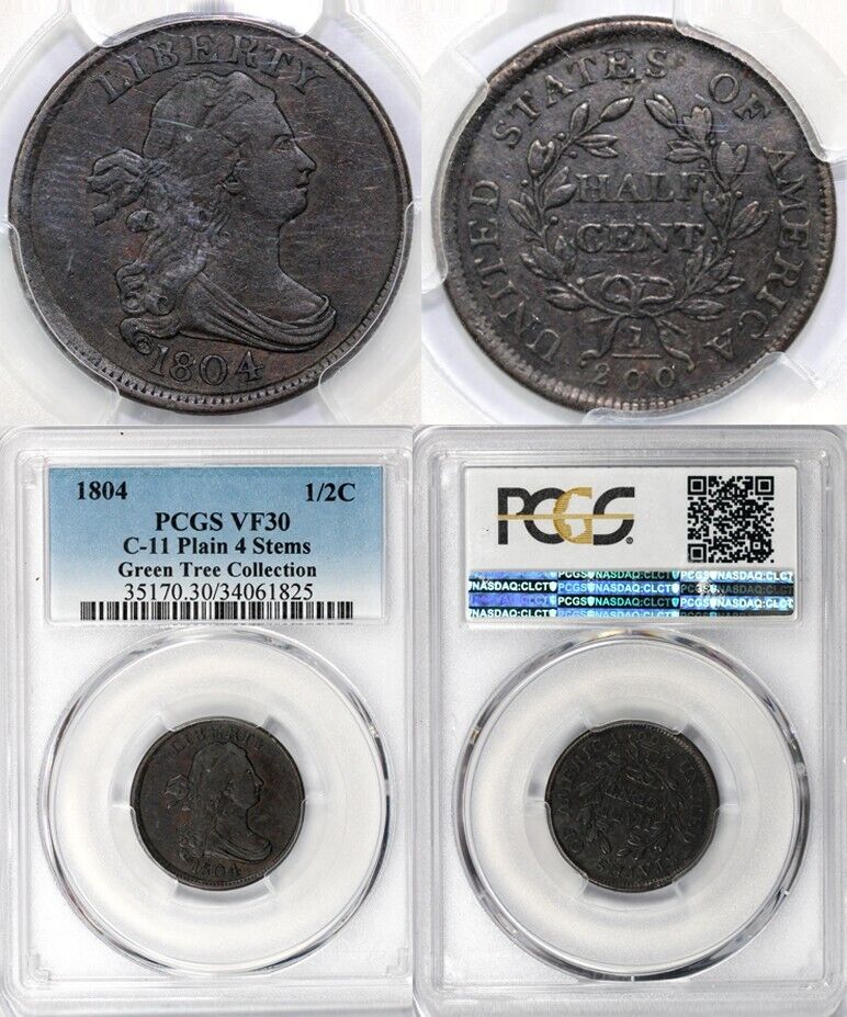 1804 1/2c C-11 Plain 4 Stems Draped Bust Half Cent PCGS VF 30 EX; Green Tree