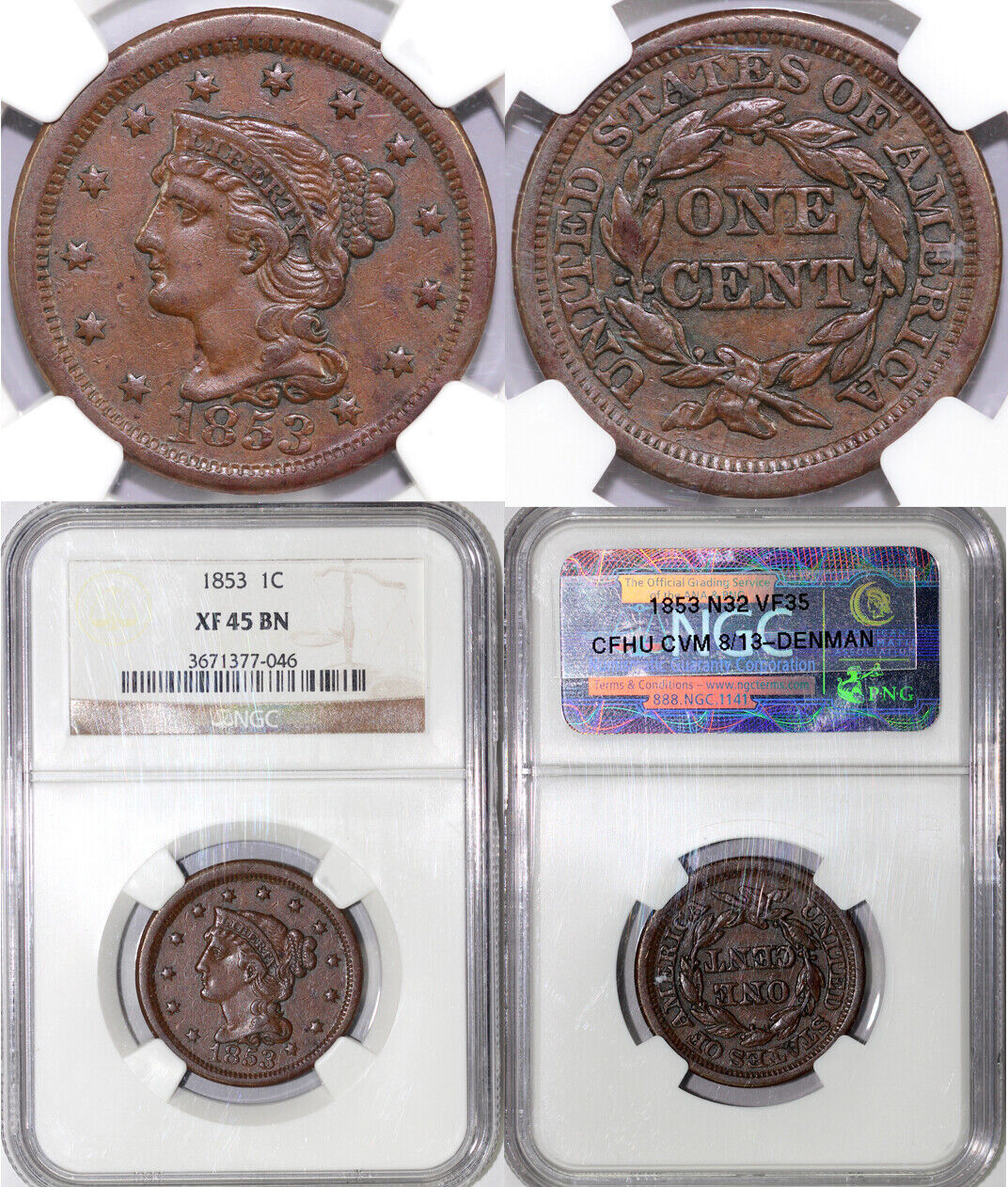 1853 1c N-32 Braided Hair Large Cent NGC XF 45