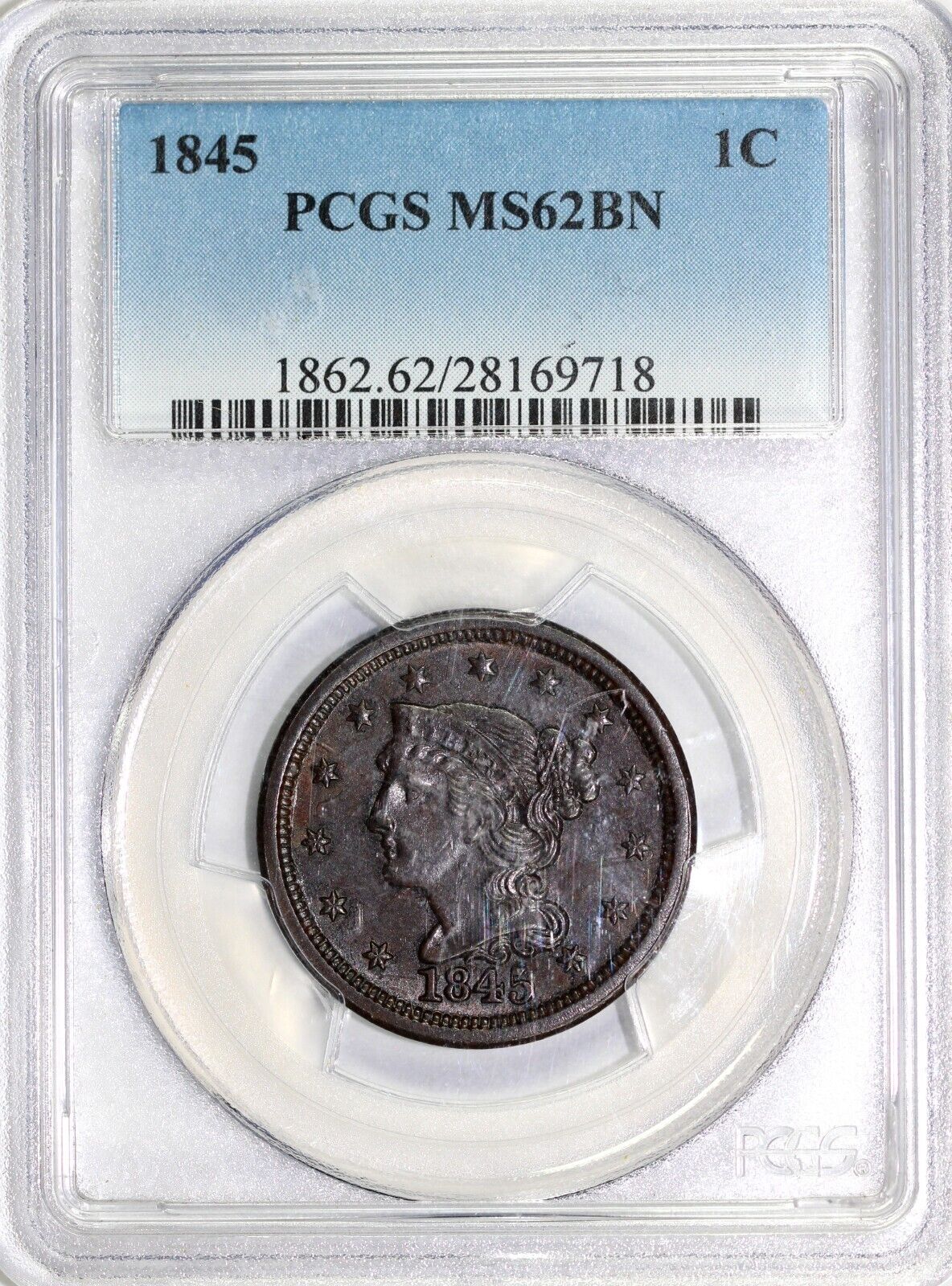 1845 1c N-4 Braided Hair Large Cent PCGS MS 62 BN