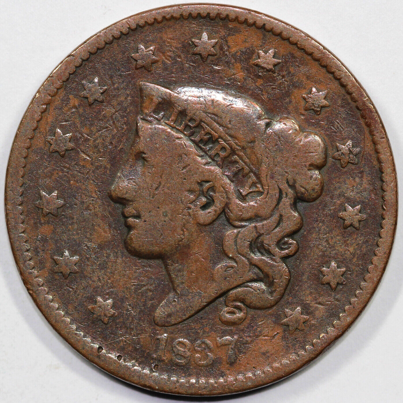 1837 1c N-15 Coronet or Matron Head Large Cent *Late Die State*