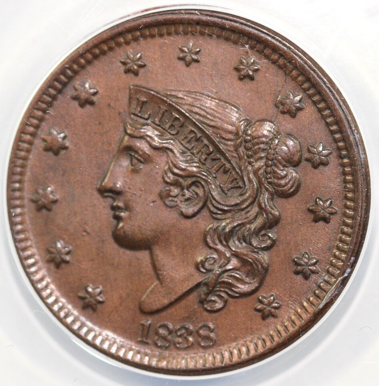 1838 1c Matron Head Large Cent ANACS MS 60 DETAILS CLEANED