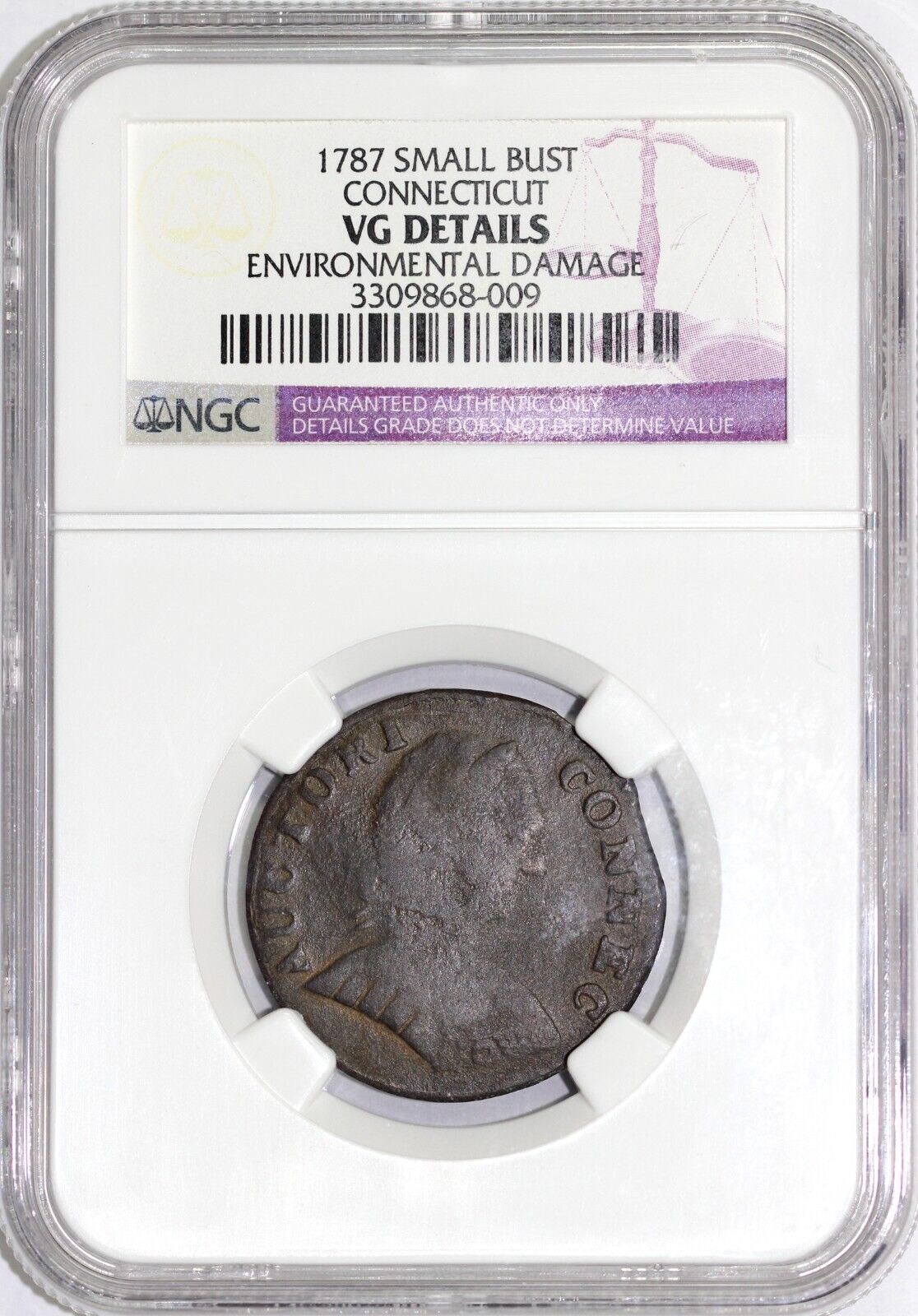 1787 Small Head Connecticut Colonial Copper NGC VG DETAILS ENV DAMAGE