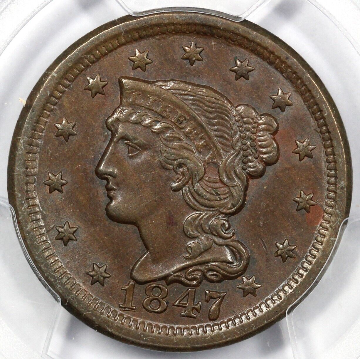1847 1c Braided Hair Large Cent PCGS MS 63 BN