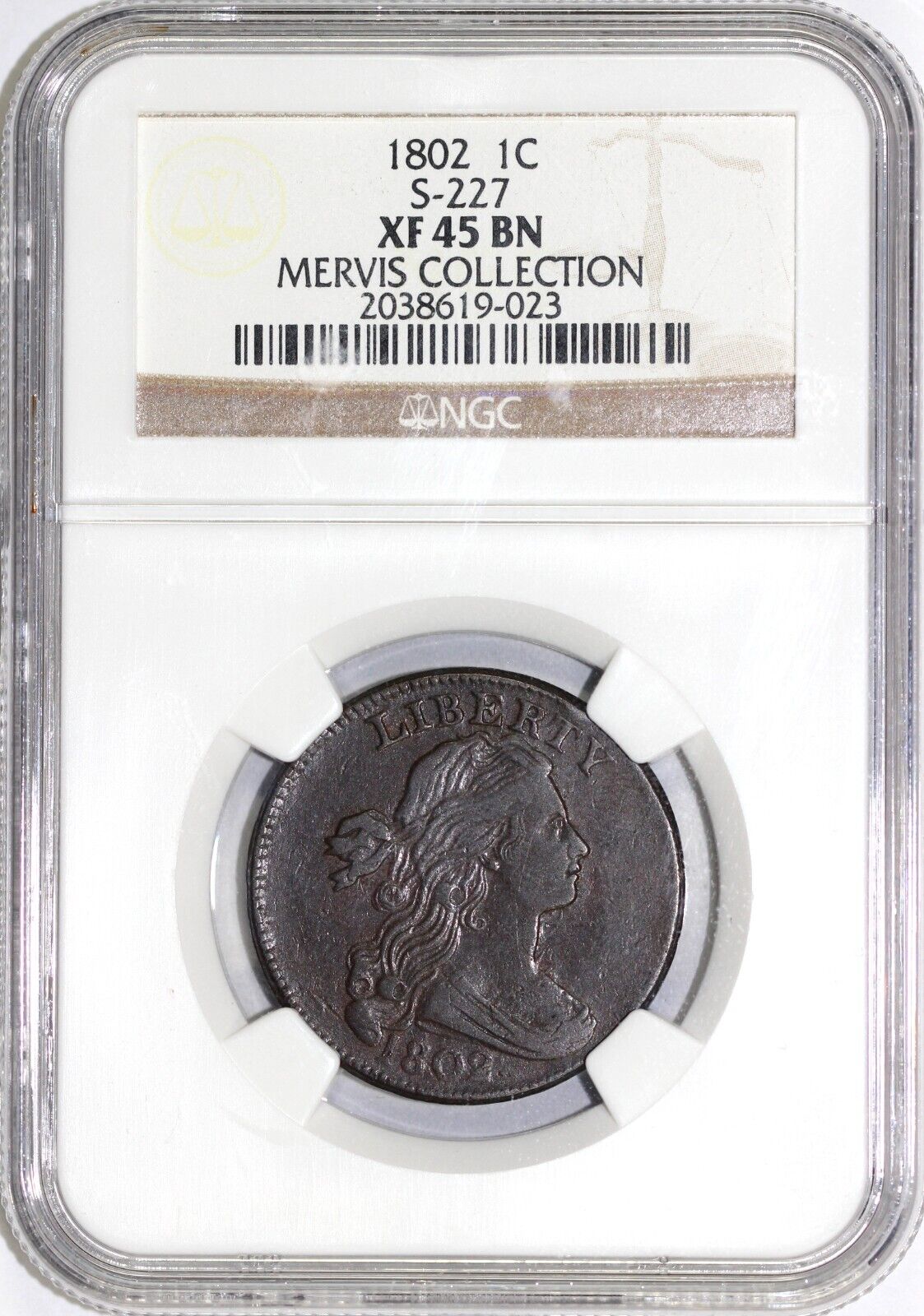 1802 1c S-227 Draped Bust Large Cent NGC XF 45 EX; Mervis Collection