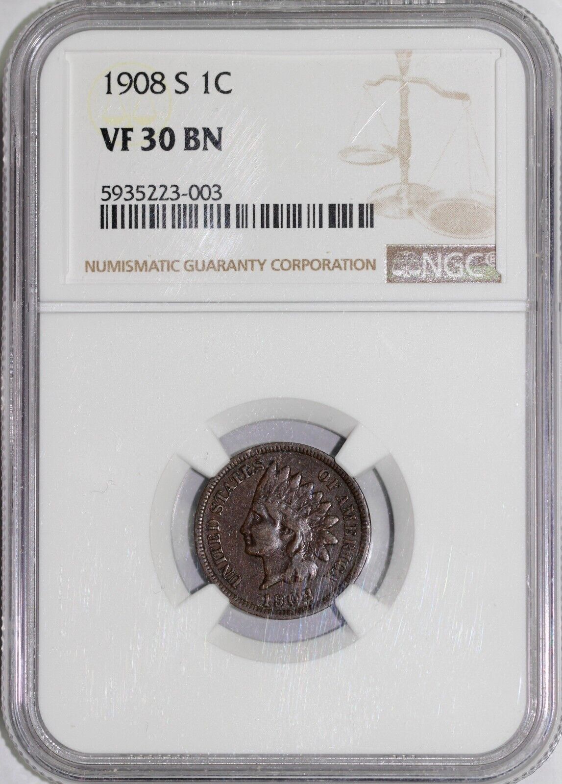 1908-S 1c Indian Head Cent NGC VF 30