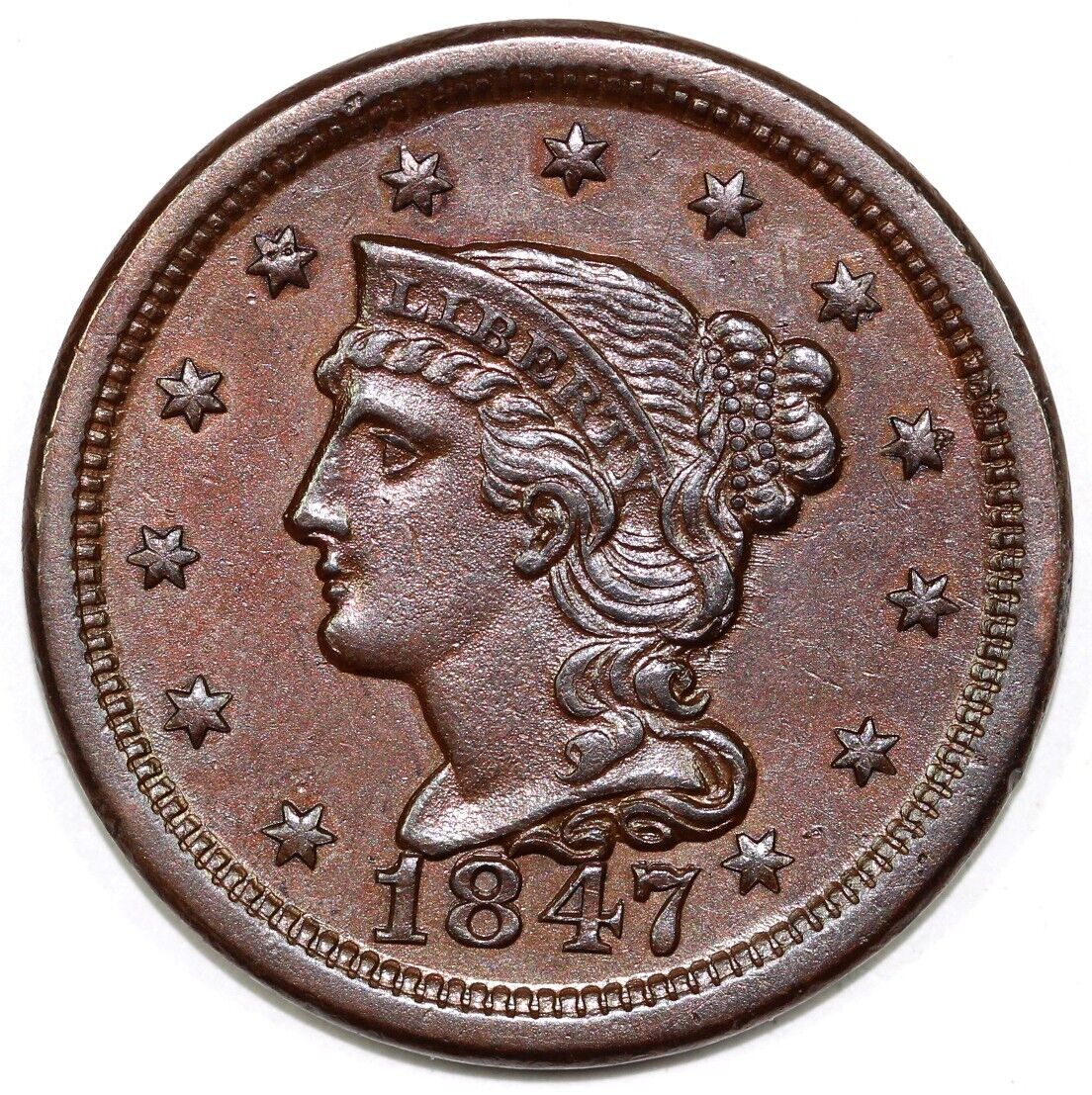 1847/47 1c N-18 Braided Hair Large Cent *E-MDS*