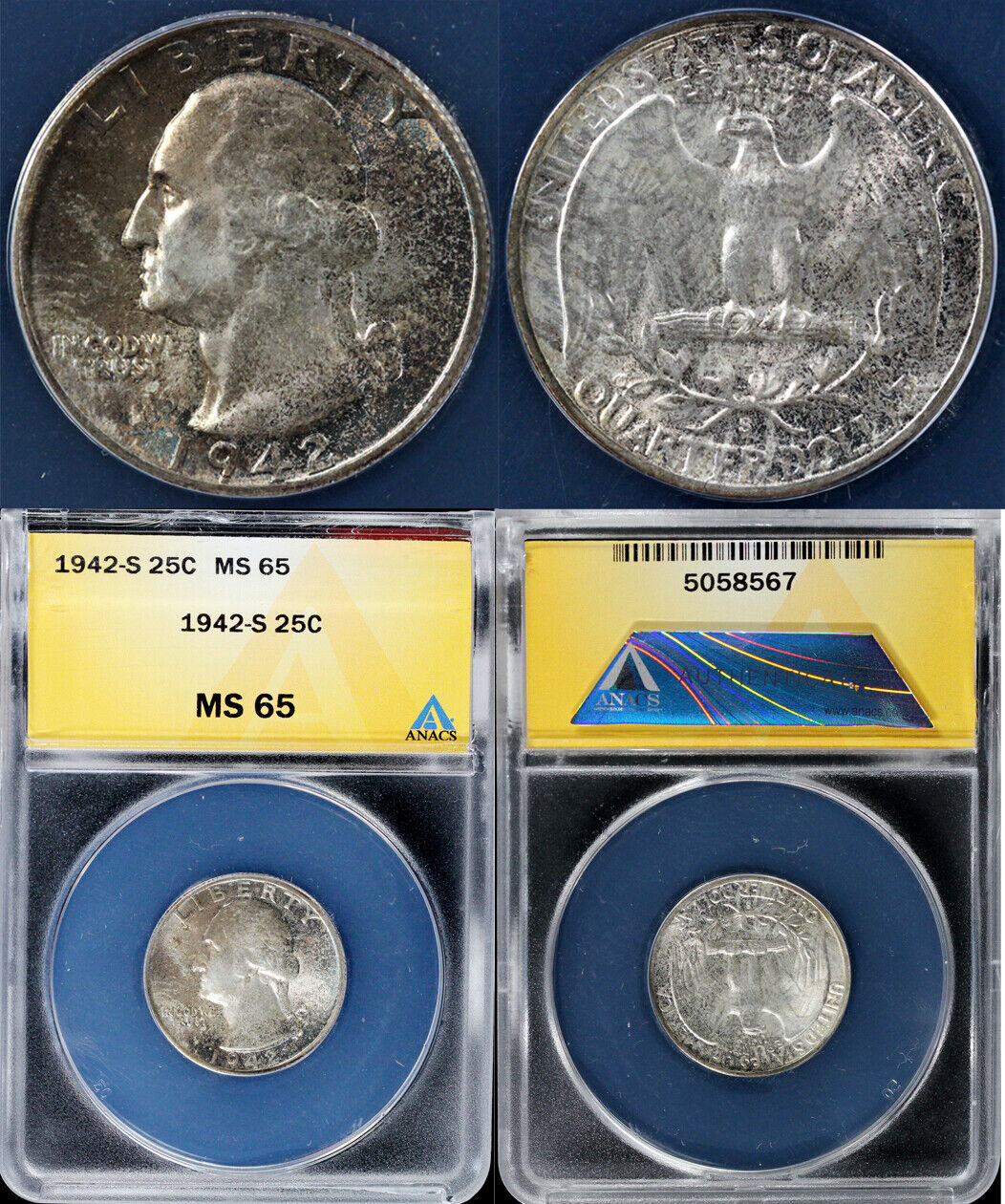 1942-S 25c Washington Quarter ANACS MS 65 *Toning*
