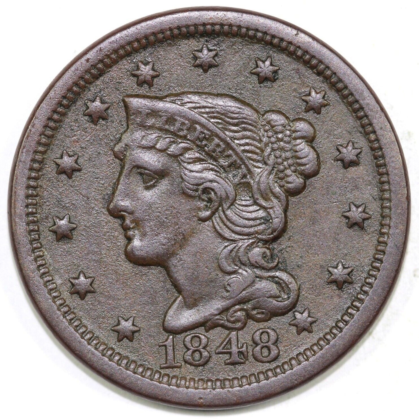 1848 1c N-3 Recut Date Braided Hair Large Cent