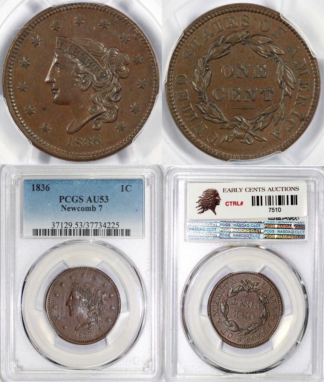1836 1c N-7 Matron Head Large Cent PCGS AU 53