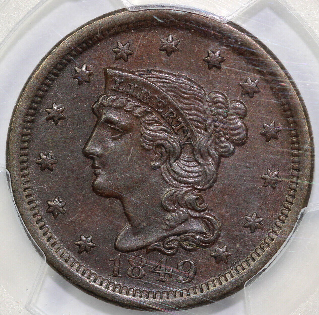 1849 1c N-8 Braided Hair Large Cent PCGS AU 58 EX; ELLSWORTH