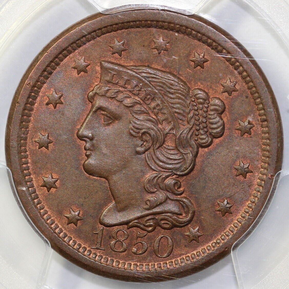 1850 1c N-7 Braided Hair Large Cent PCGS and CAC MS 65 BN *Early Die State*