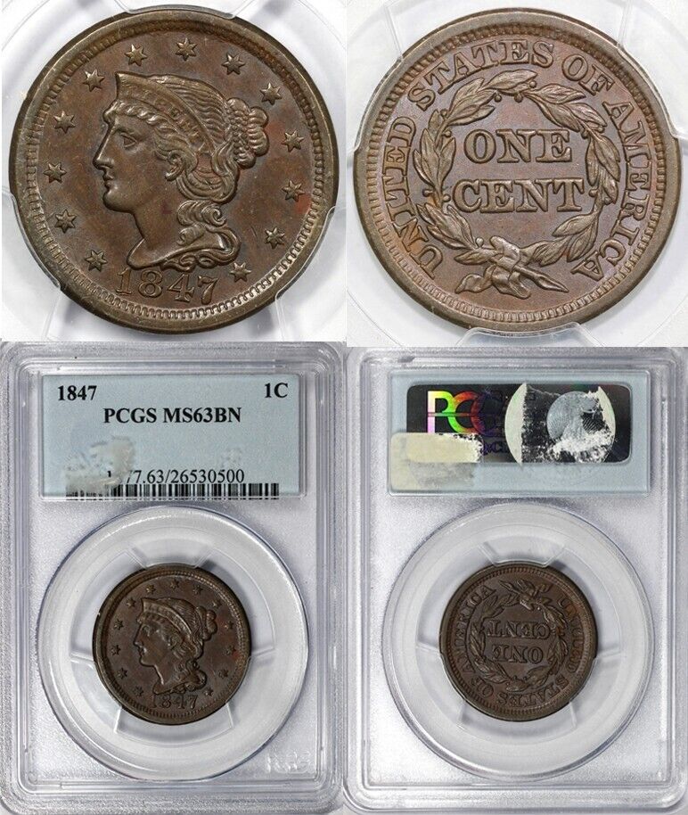 1847 1c Braided Hair Large Cent PCGS MS 63 BN