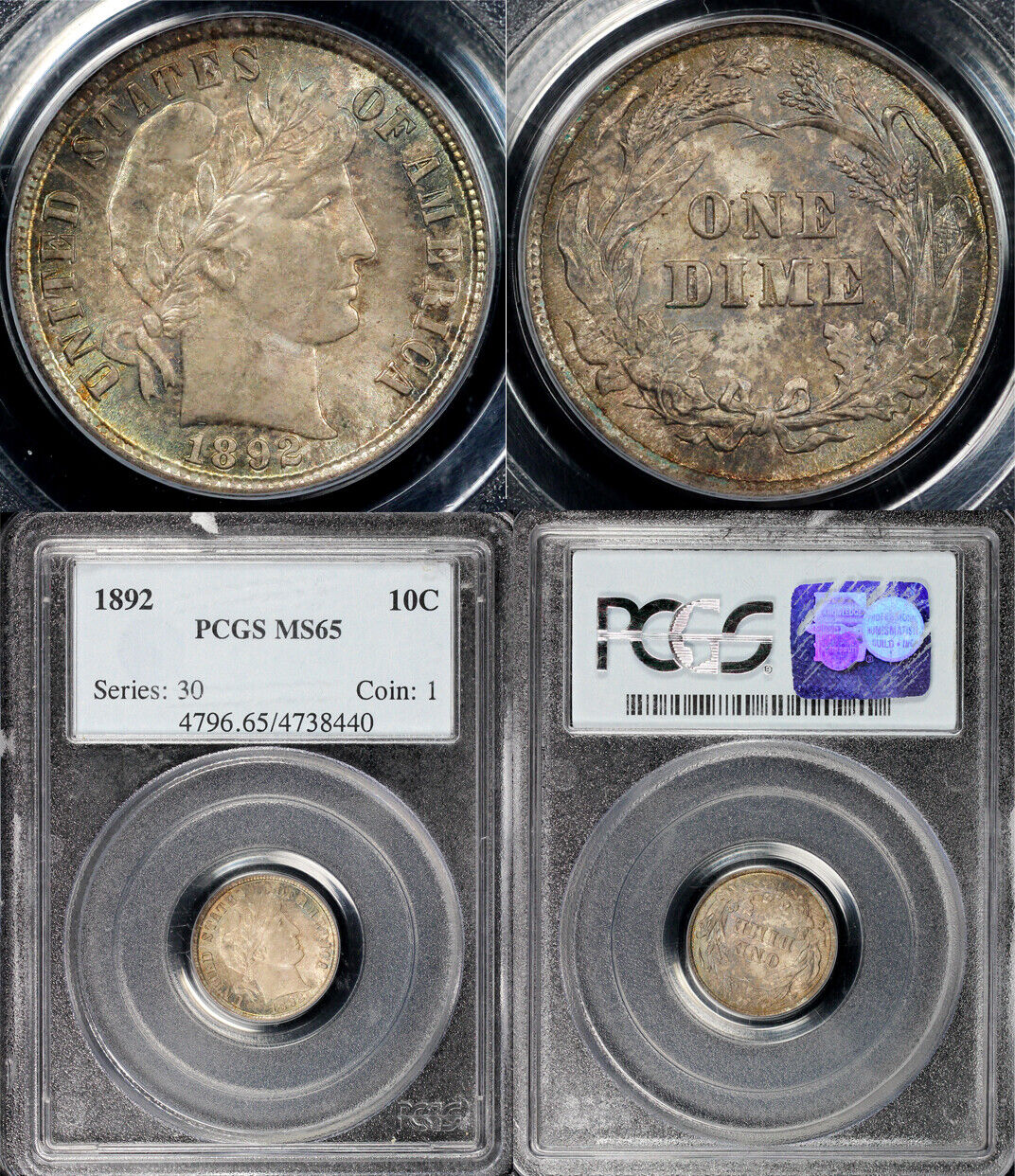 1892 10c Barber Dime PCGS MS 65