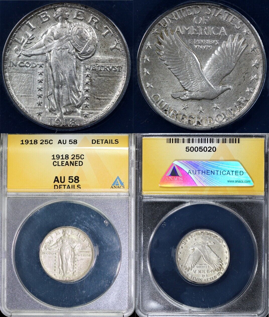 1918 25c Full Head Standing Liberty Quarter ANACS AU 58 DETAILS CLEANED