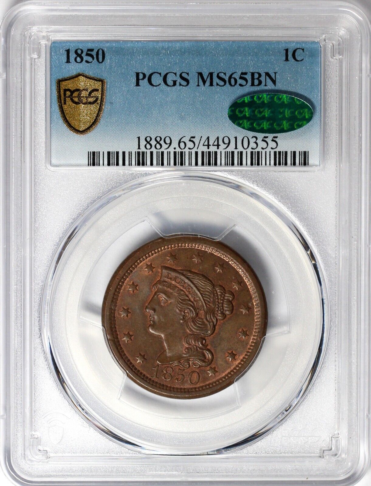 1850 1c N-7 Braided Hair Large Cent PCGS and CAC MS 65 BN *Early Die State*