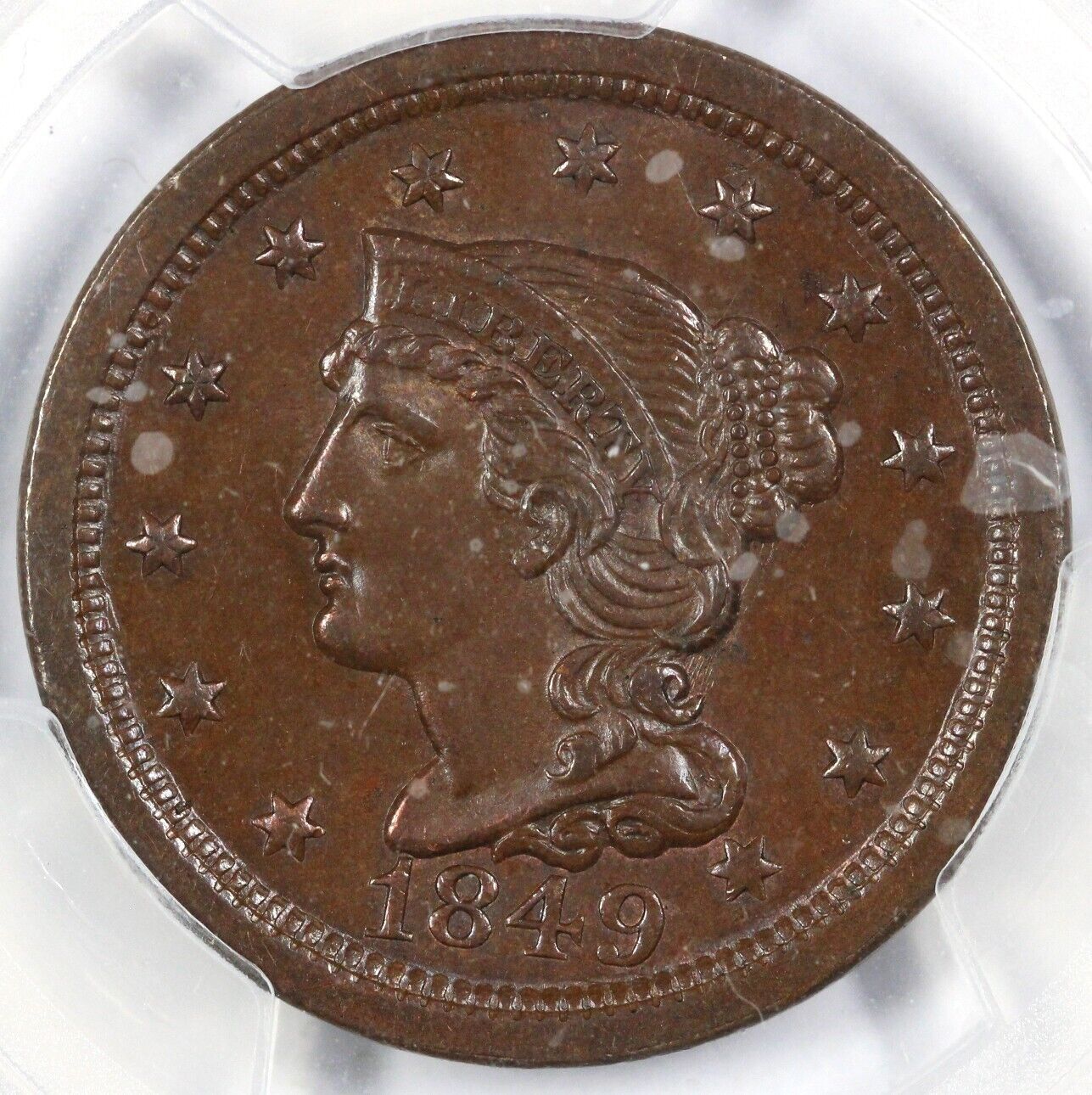 1849 1c N-22 Braided Hair Large Cent PCGS MS 64 BN