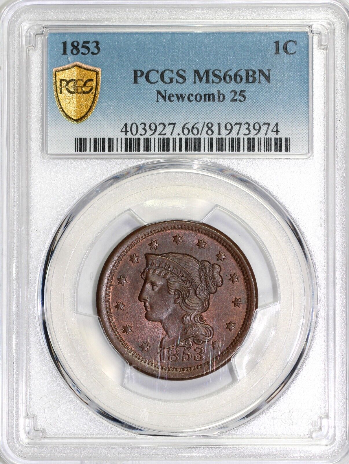 1853 1c N-25 Braided Hair Large Cent PCGS MS 66 BN