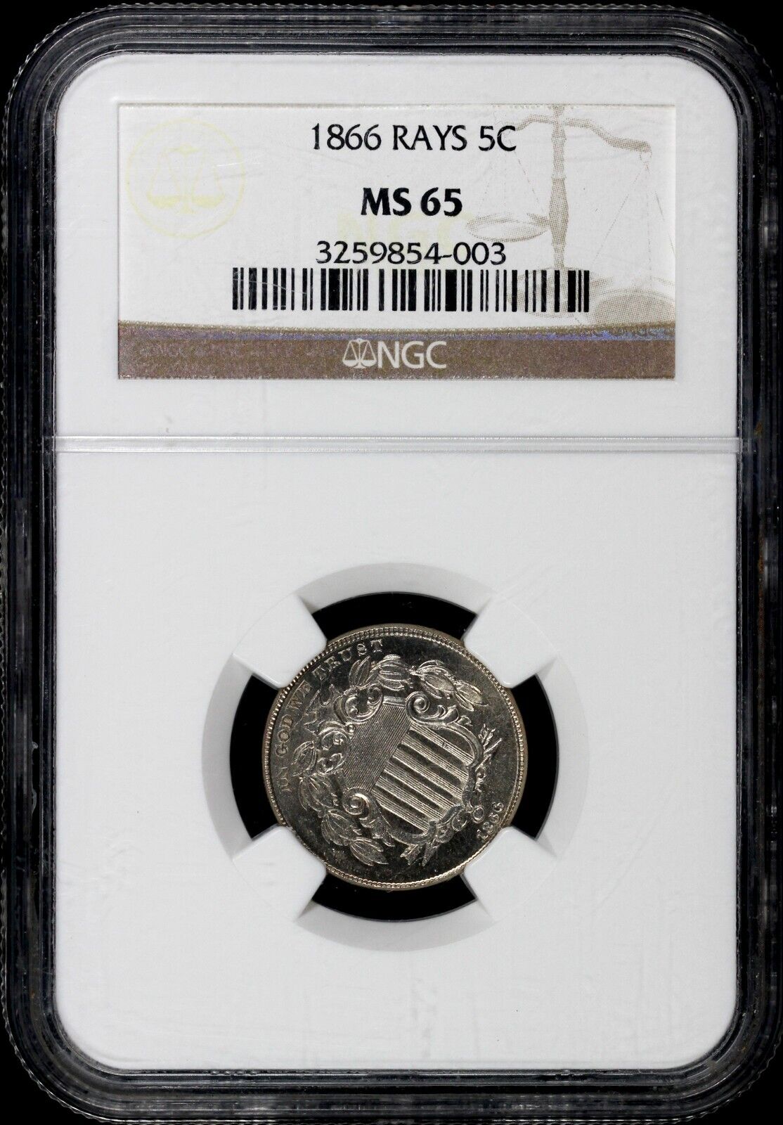 1866 5c Rays Shield Nickel NGC MS 65