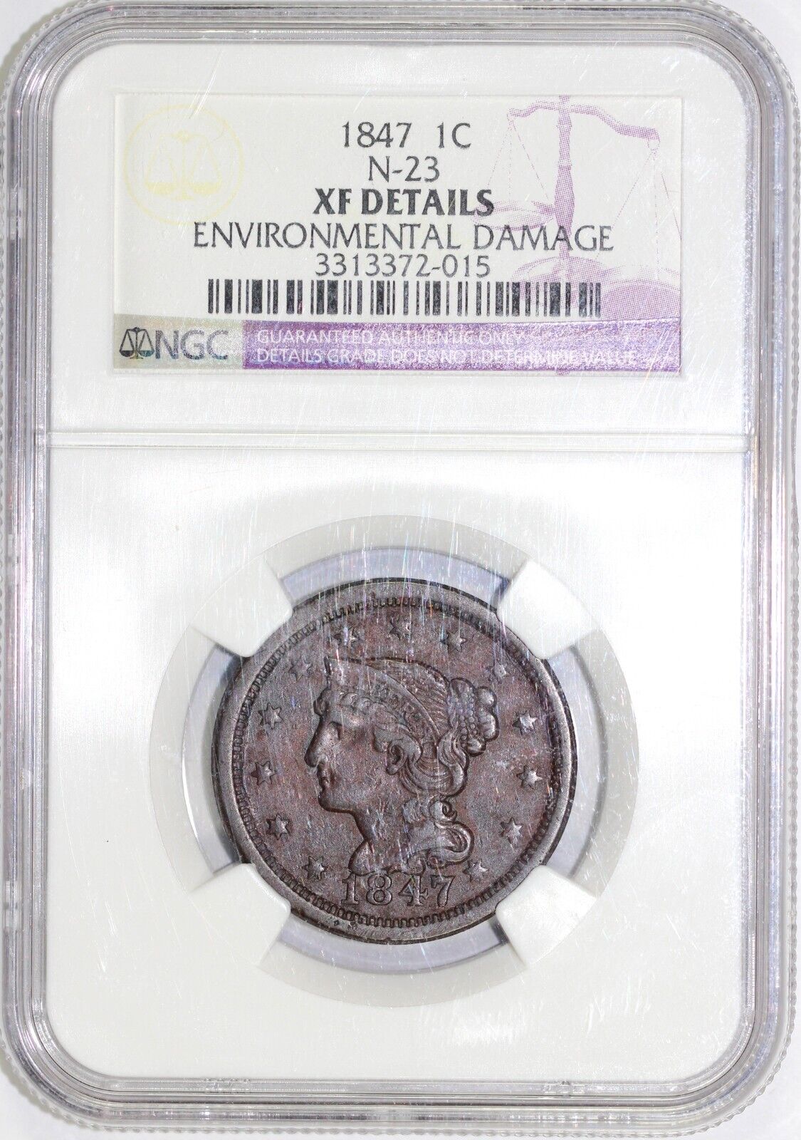 1847 1c N-23 Braided Hair Large Cent NGC XF Details Env Damage