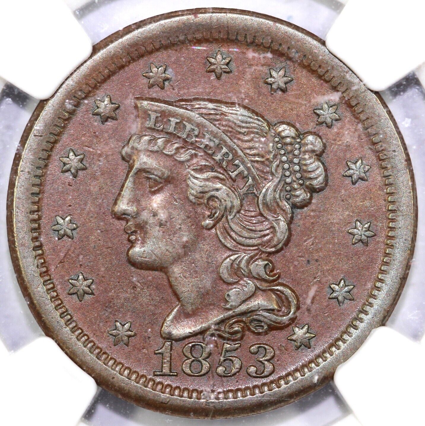 1853 1c N-32 Braided Hair Large Cent NGC AU 58